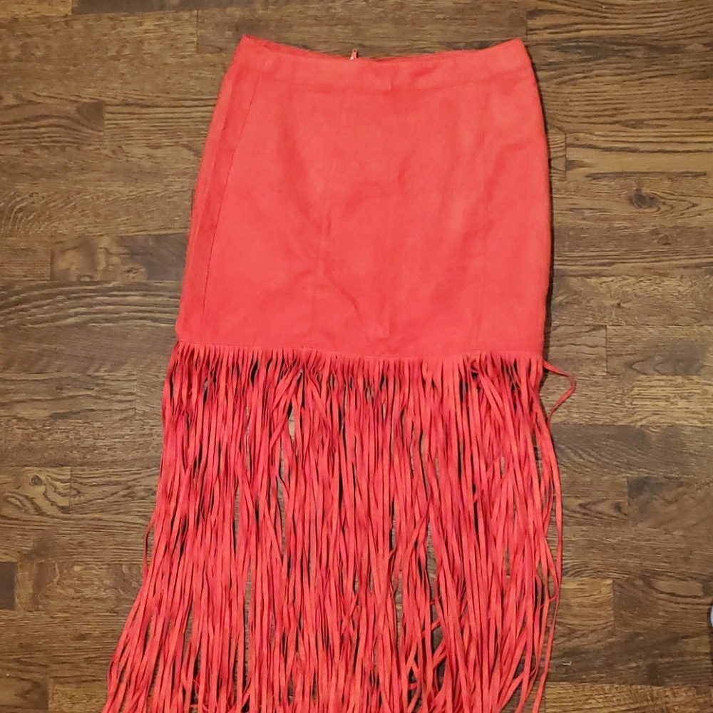 Faux suede long fringe skirt coral color